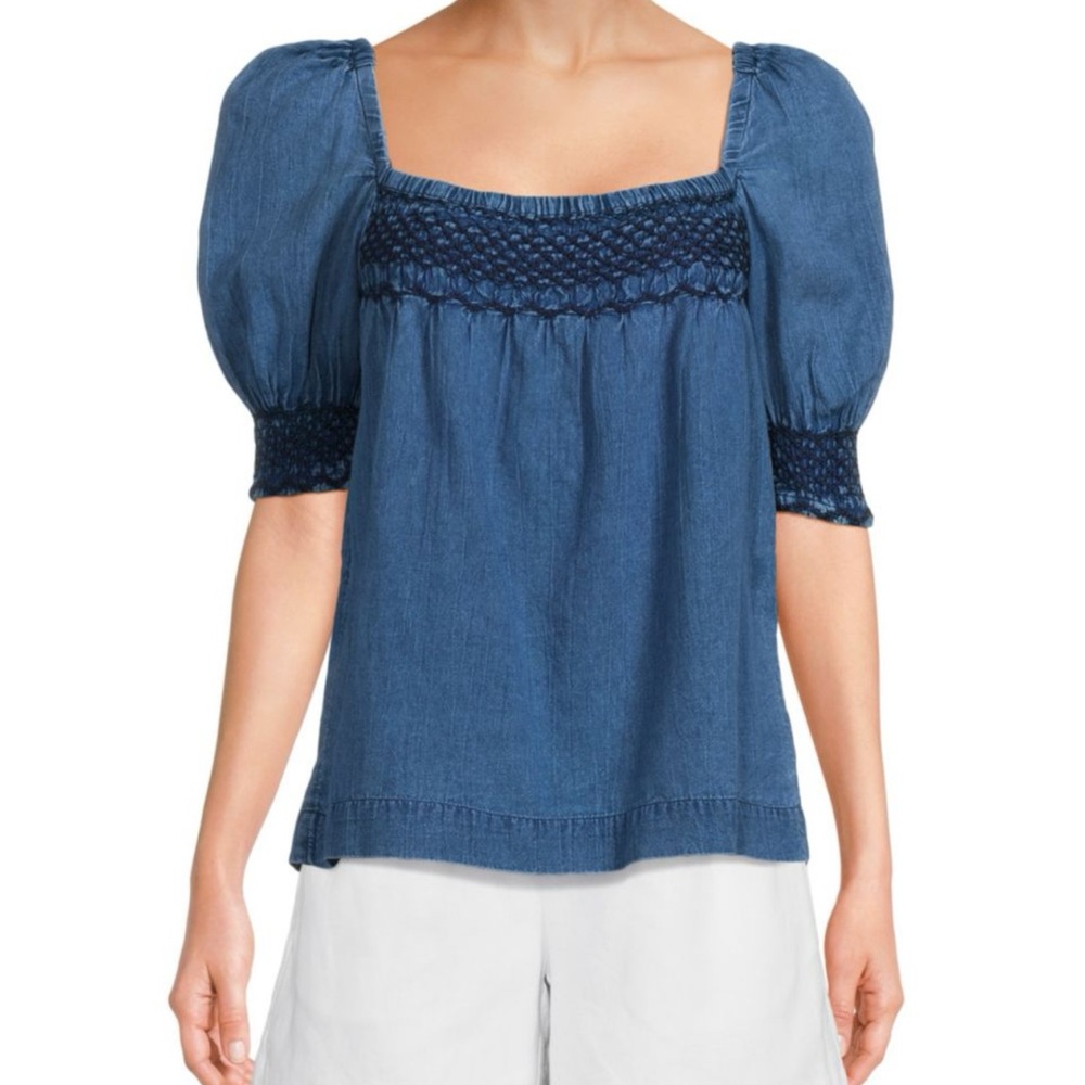 Faherty Indigo Smocked Blouse